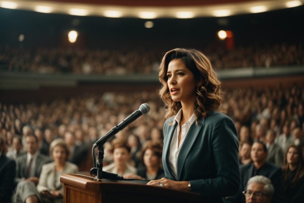 a woman doing a speech in front of a large audience
