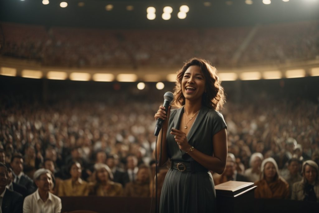 a woman doing a speech in front of a large lauging audience